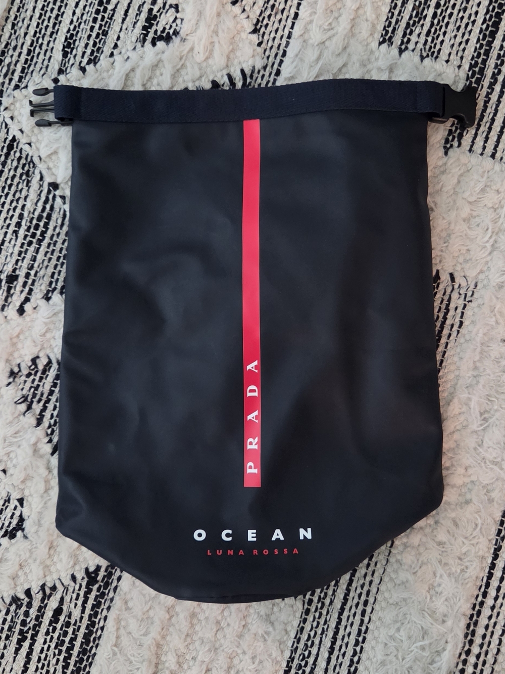 Prada Black Duffel with Red Vertical Stripe